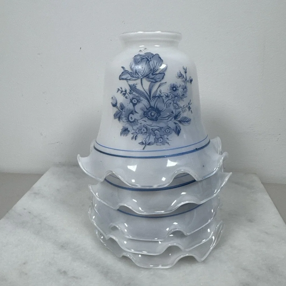 5Vintage Blue Floral Frosted Ruffled Glass Light Lamp Shade, 2